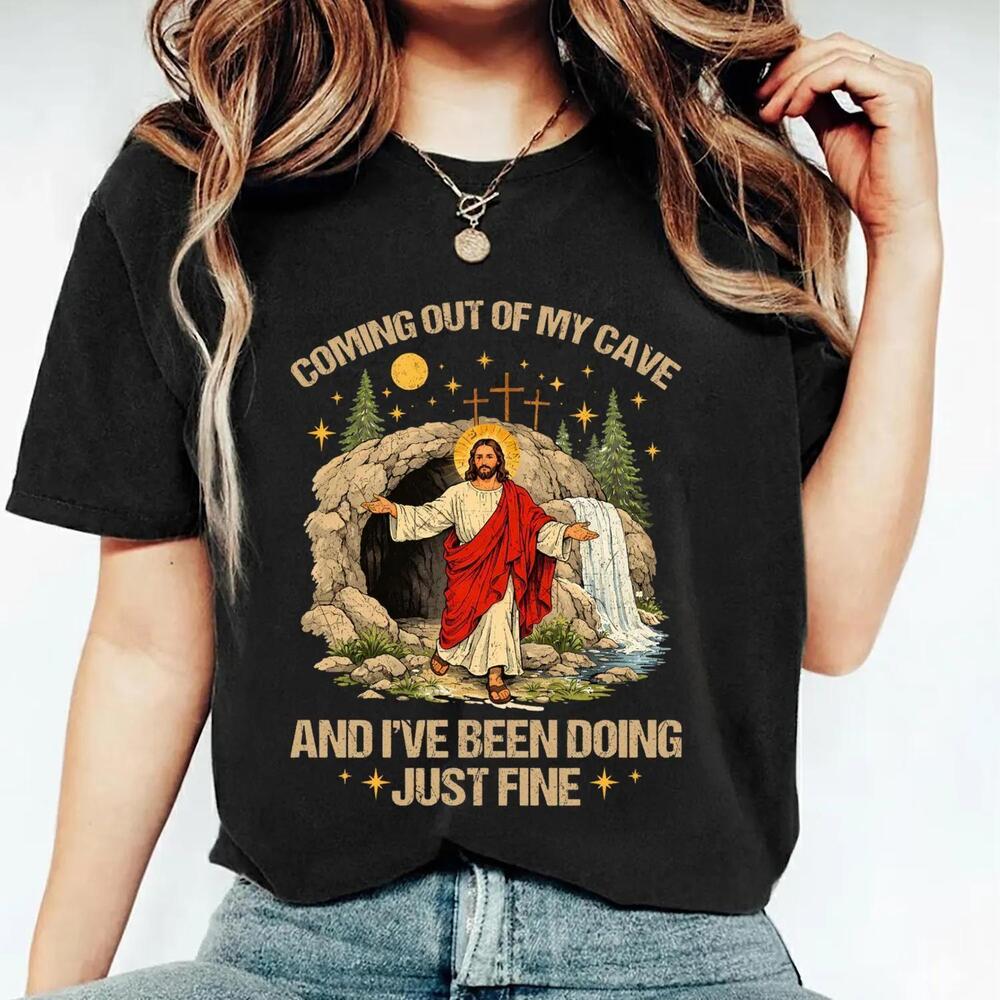 Jesus Coming Out Cave Shirt, Funny Easter Graphic Top, Religious Humor Tee